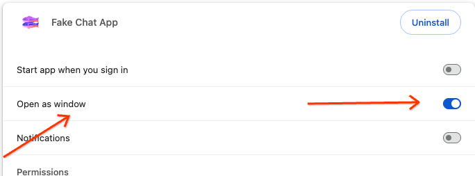 How to change the 'open in window' setting for an installed app.